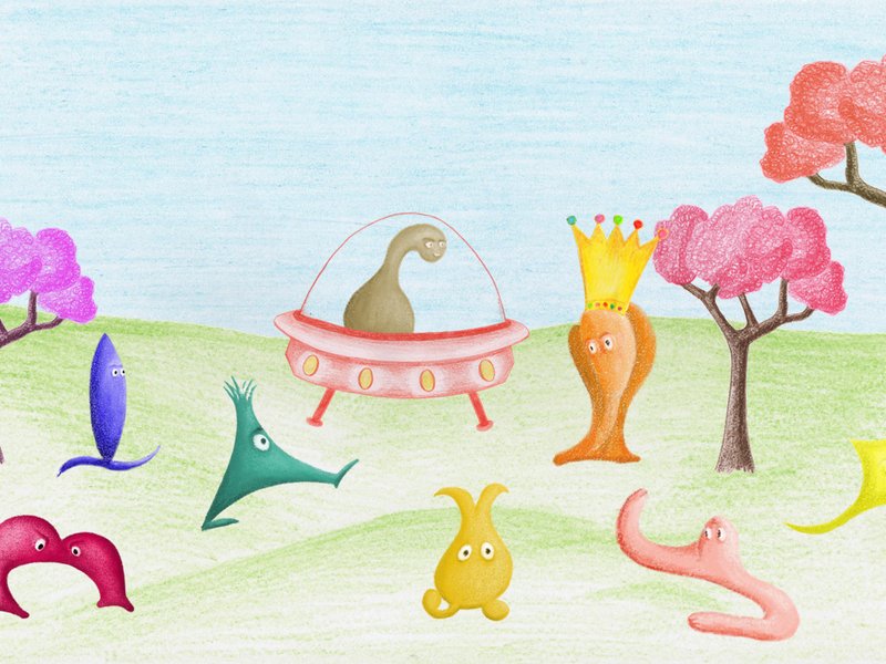 Die bunten Außerirdischen aus unserem Geschichtenbuch für die Studie